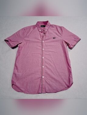 Fred Perry 100% Cotton Pink Short-Sleeve Button-Down Shirt with Laurel Logo